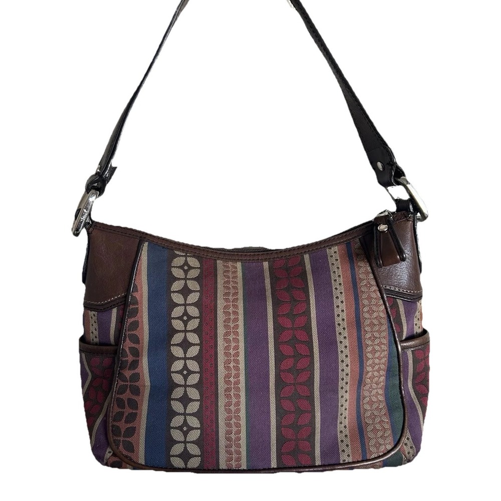 Vintage‎ Fossil Multicolor Fabric Brown Leather Trim Shoulder Bag Boho Chic